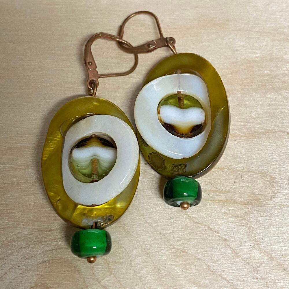 Shell Earrings Brown and Green with Glass Accents Handmade Jewelry